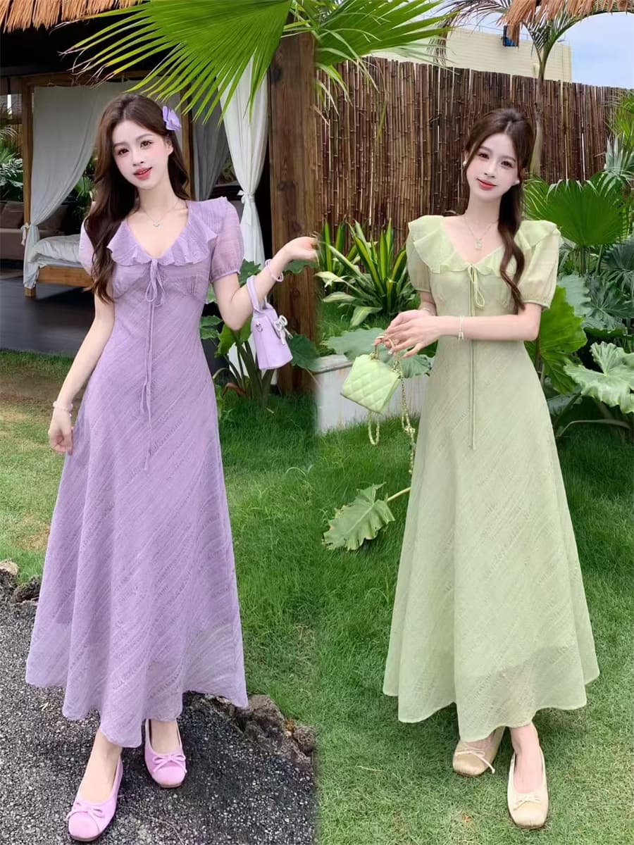 빅 사이즈 여름 새로운 부드러운 프릴 V넥 거품 소매 드레스 레이스업 허리 수축 질감 센스 롱 스커트 상세 이미지 3