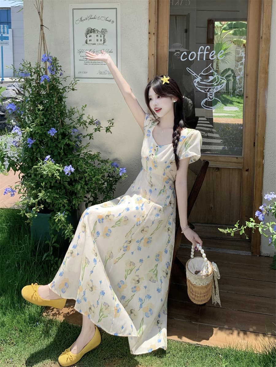 빅 사이즈 프랑스식 V넥 깨진 꽃차 휴식 품격 섹션 드레스 2026 슬림해 보이는 허리 수축 레트로 스타일 길다 치마 상세 이미지 11