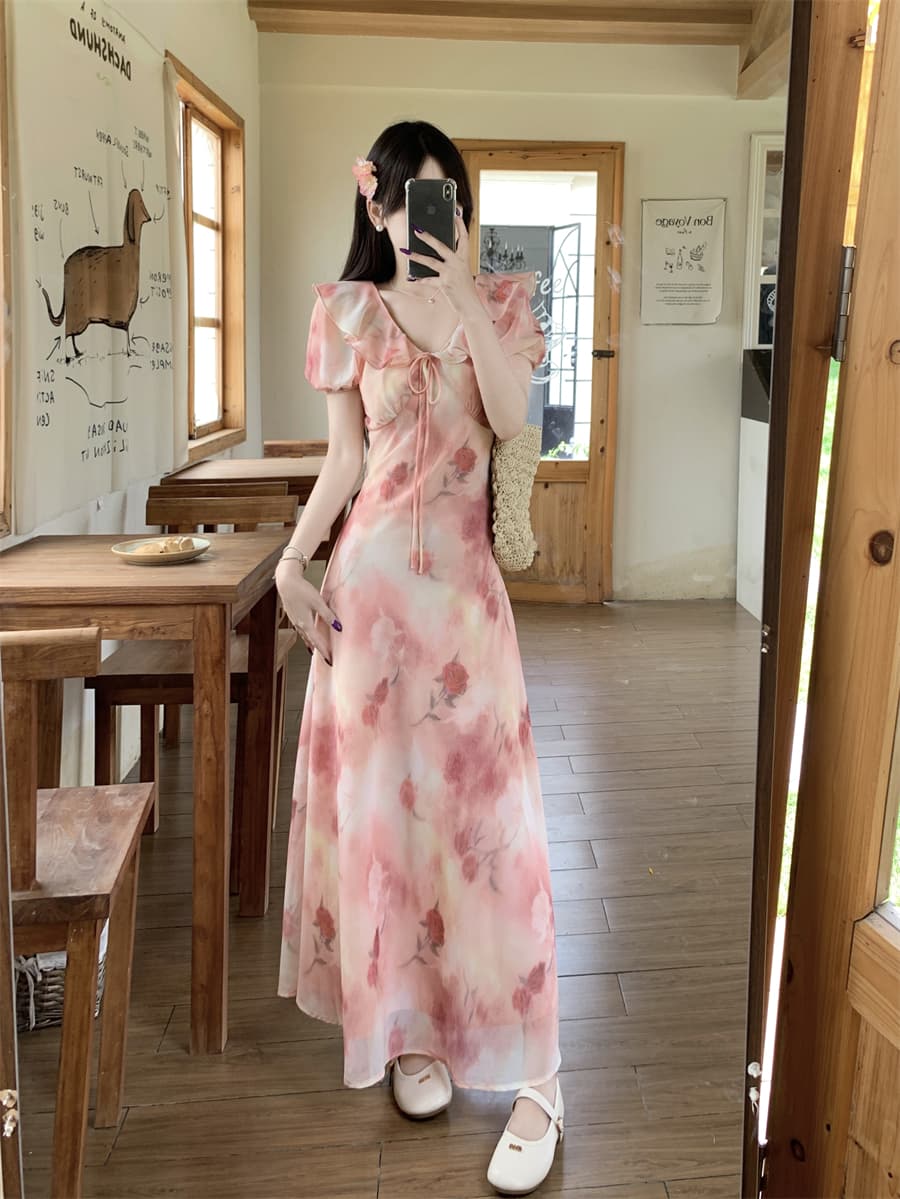 실사 빅 사이즈 여름 새로운 부드러운 프릴 V넥 거품 소매 꽃무늬 드레스 레이스업 허리 수축 롱 스커트 상세 이미지 9