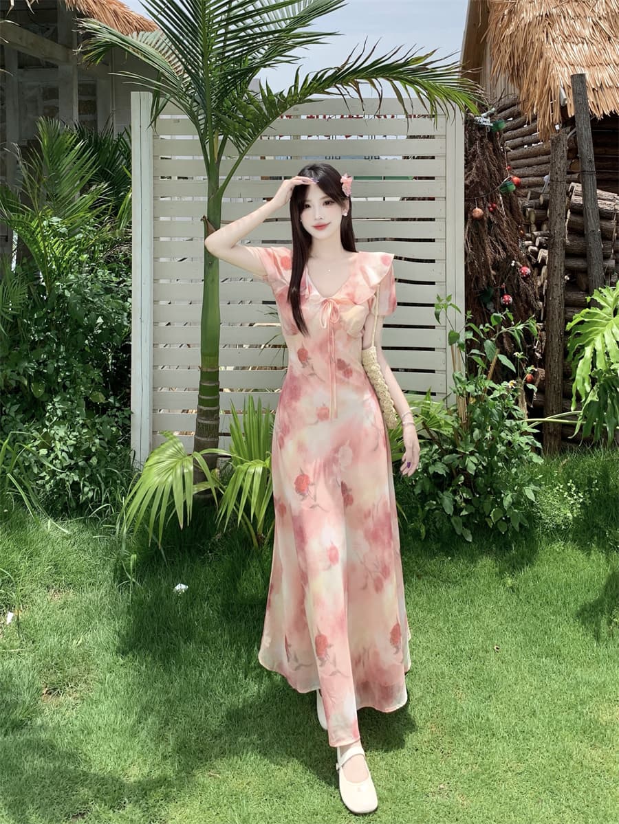 실사 빅 사이즈 여름 새로운 부드러운 프릴 V넥 거품 소매 꽃무늬 드레스 레이스업 허리 수축 롱 스커트 상세 이미지 6