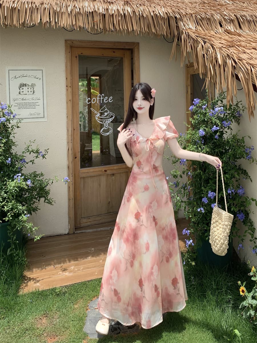 실사 빅 사이즈 여름 새로운 부드러운 프릴 V넥 거품 소매 꽃무늬 드레스 레이스업 허리 수축 롱 스커트 상세 이미지 5