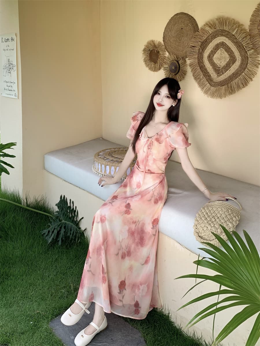 실사 빅 사이즈 여름 새로운 부드러운 프릴 V넥 거품 소매 꽃무늬 드레스 레이스업 허리 수축 롱 스커트 상세 이미지 12