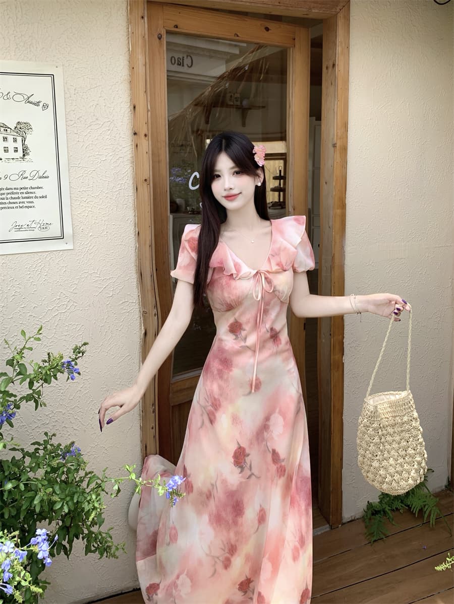 실사 빅 사이즈 여름 새로운 부드러운 프릴 V넥 거품 소매 꽃무늬 드레스 레이스업 허리 수축 롱 스커트 상세 이미지 8