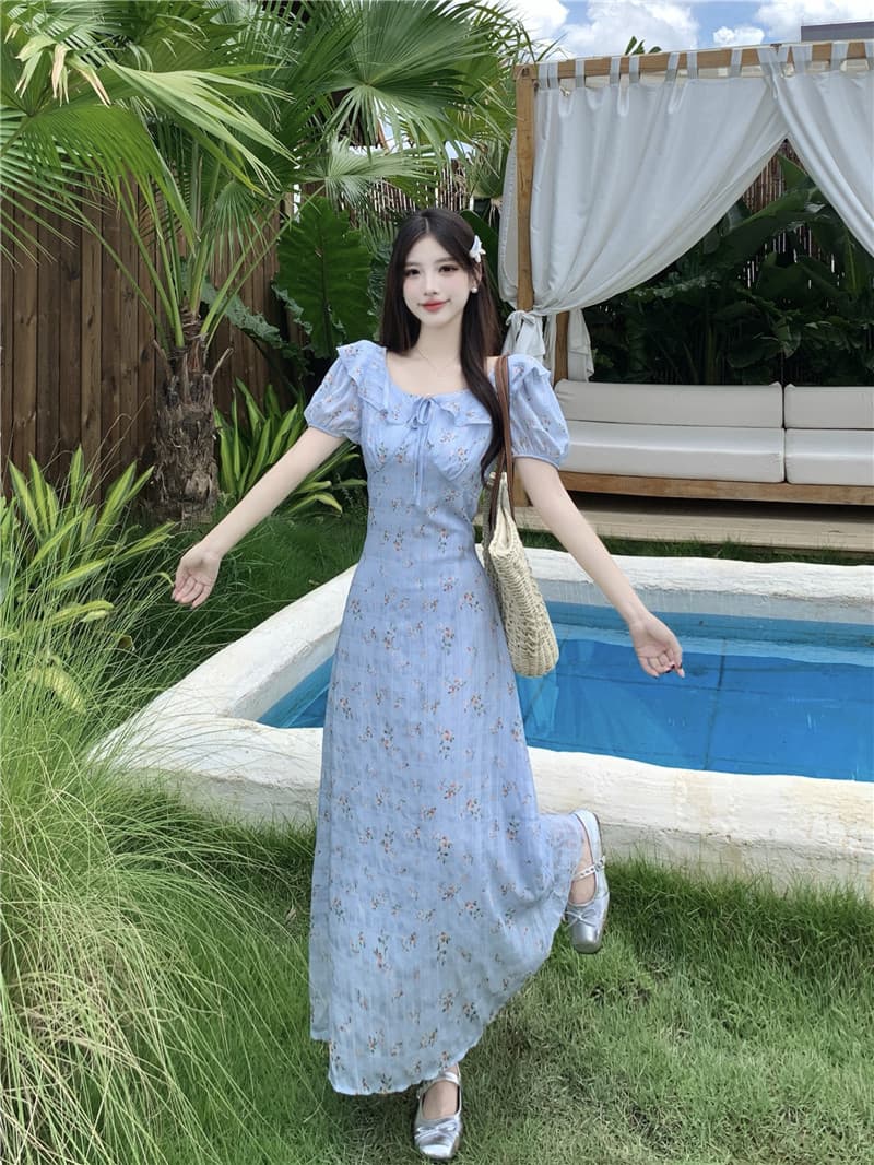 빅 사이즈 프릴 칼라 프랑스식 고급 센스 드레스 여름 2026 새로운 폭발 품격 허리 수축 아름다운 롱 스커트 이미지 3