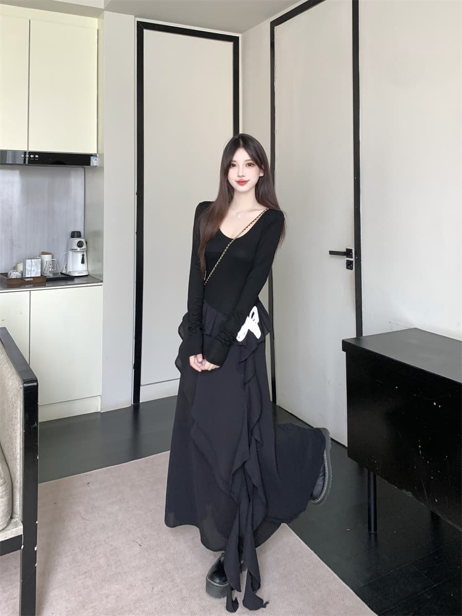 실사 빅 사이즈 마츠모토 애도 애도 나비 치마 작은 검은 드레스 불규칙 치마 단색 긴팔 드레스 허리 수축 슬림해 보이는 상세 이미지 9