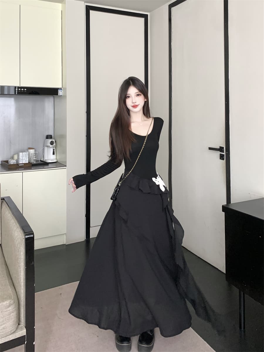 실사 빅 사이즈 마츠모토 애도 애도 나비 치마 작은 검은 드레스 불규칙 치마 단색 긴팔 드레스 허리 수축 슬림해 보이는 상세 이미지 11