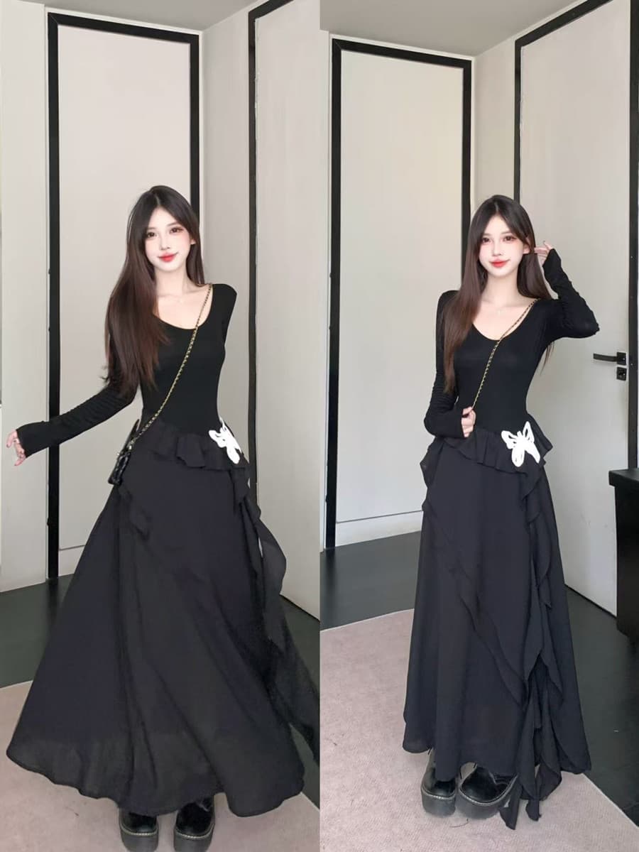 실사 빅 사이즈 마츠모토 애도 애도 나비 치마 작은 검은 드레스 불규칙 치마 단색 긴팔 드레스 허리 수축 슬림해 보이는 상세 이미지 3