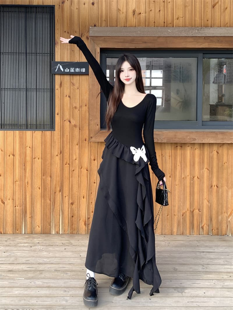 실사 빅 사이즈 마츠모토 애도 애도 나비 치마 작은 검은 드레스 불규칙 치마 단색 긴팔 드레스 허리 수축 슬림해 보이는 이미지 3