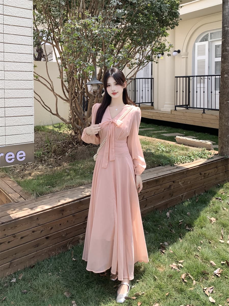 빅 사이즈 프랑스식 핑크색 부드러운 V넥 나비 넥타이 긴팔 드레스 2026 새로운 여성 의류 롱 스커트 상세 이미지 3