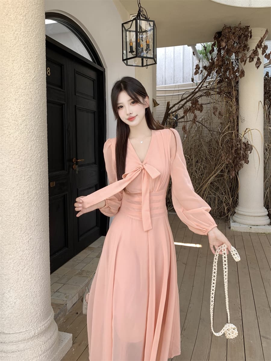 빅 사이즈 프랑스식 핑크색 부드러운 V넥 나비 넥타이 긴팔 드레스 2026 새로운 여성 의류 롱 스커트 상세 이미지 9