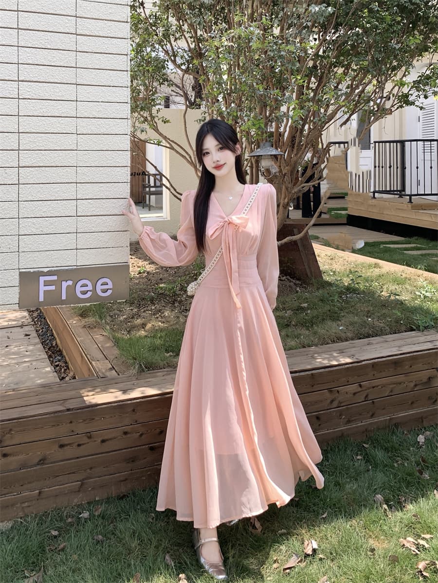 빅 사이즈 프랑스식 핑크색 부드러운 V넥 나비 넥타이 긴팔 드레스 2026 새로운 여성 의류 롱 스커트 상세 이미지 4