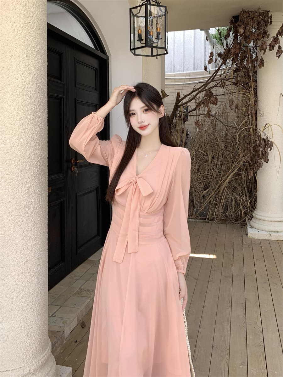 빅 사이즈 프랑스식 핑크색 부드러운 V넥 나비 넥타이 긴팔 드레스 2026 새로운 여성 의류 롱 스커트 상세 이미지 7