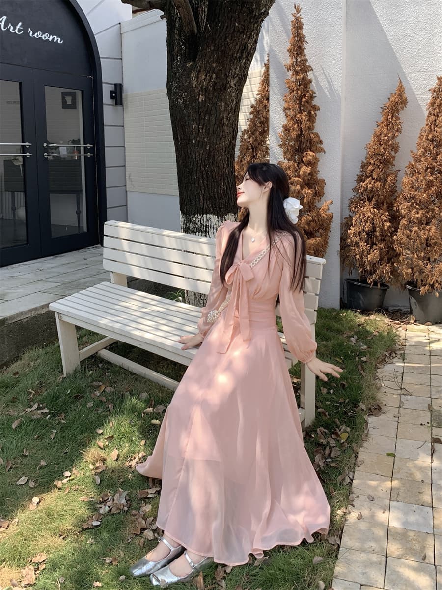 빅 사이즈 프랑스식 핑크색 부드러운 V넥 나비 넥타이 긴팔 드레스 2026 새로운 여성 의류 롱 스커트 상세 이미지 10