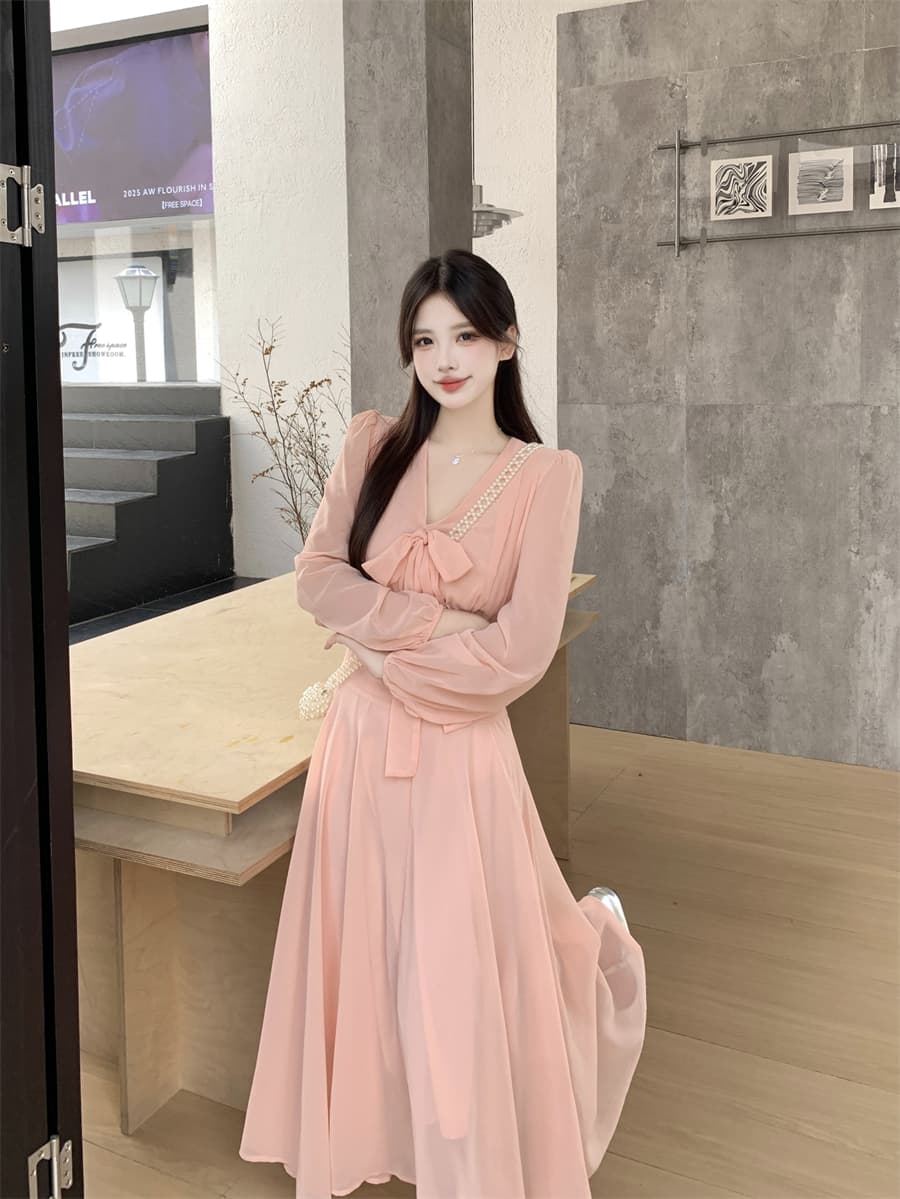 빅 사이즈 프랑스식 핑크색 부드러운 V넥 나비 넥타이 긴팔 드레스 2026 새로운 여성 의류 롱 스커트 상세 이미지 8
