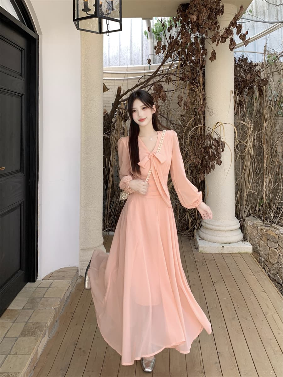 빅 사이즈 프랑스식 핑크색 부드러운 V넥 나비 넥타이 긴팔 드레스 2026 새로운 여성 의류 롱 스커트 상세 이미지 5