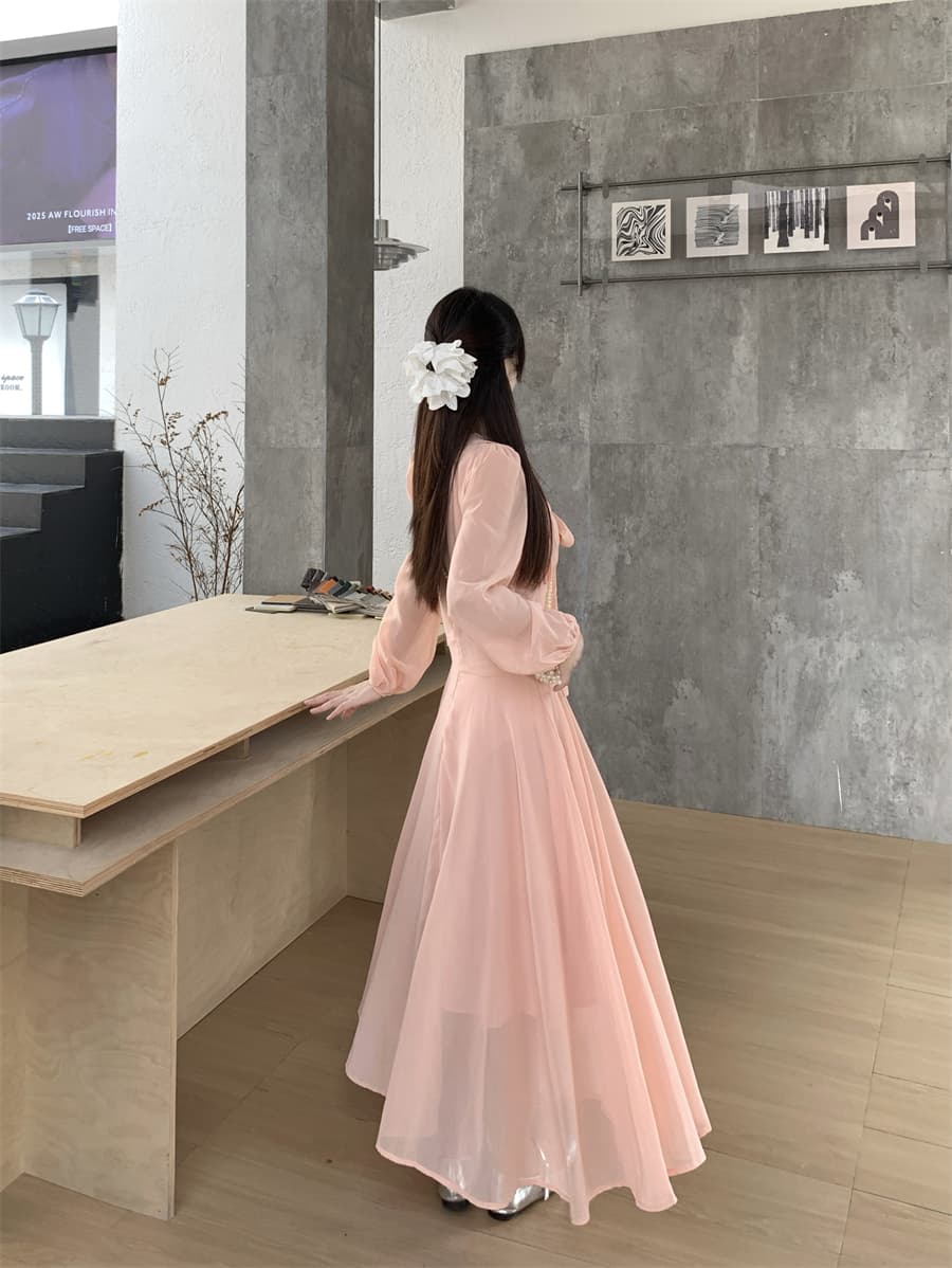 빅 사이즈 프랑스식 핑크색 부드러운 V넥 나비 넥타이 긴팔 드레스 2026 새로운 여성 의류 롱 스커트 상세 이미지 12