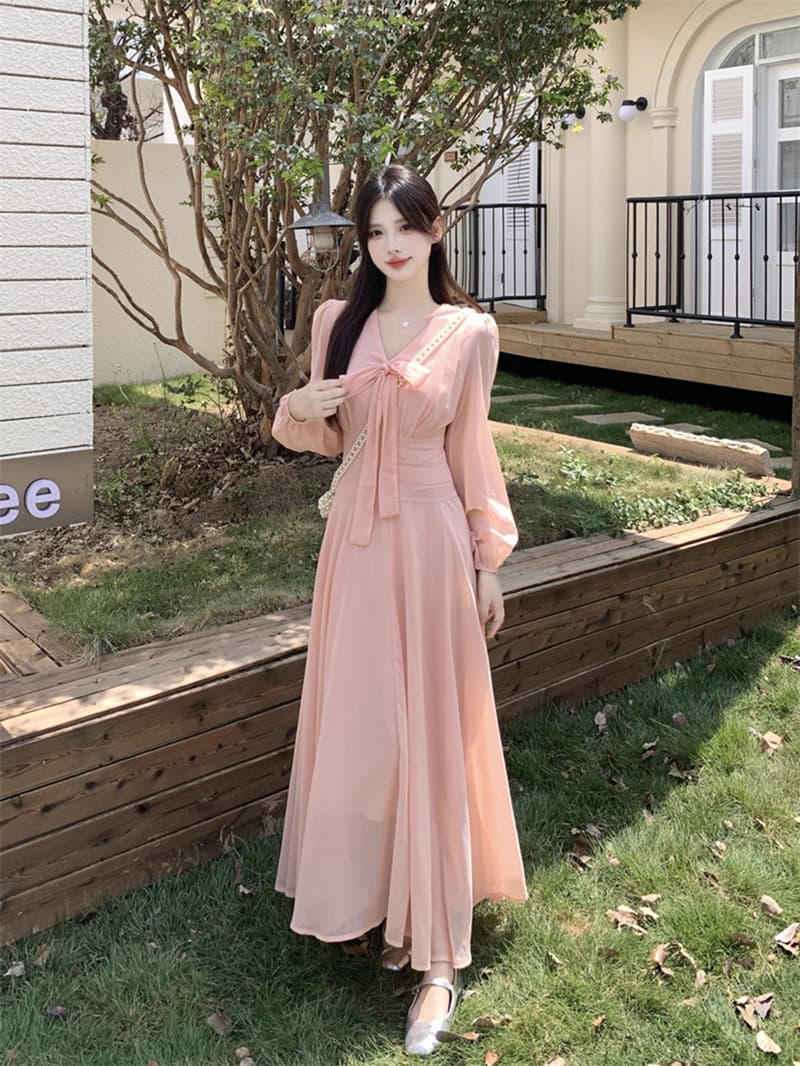 빅 사이즈 프랑스식 핑크색 부드러운 V넥 나비 넥타이 긴팔 드레스 2026 새로운 여성 의류 롱 스커트 이미지 4