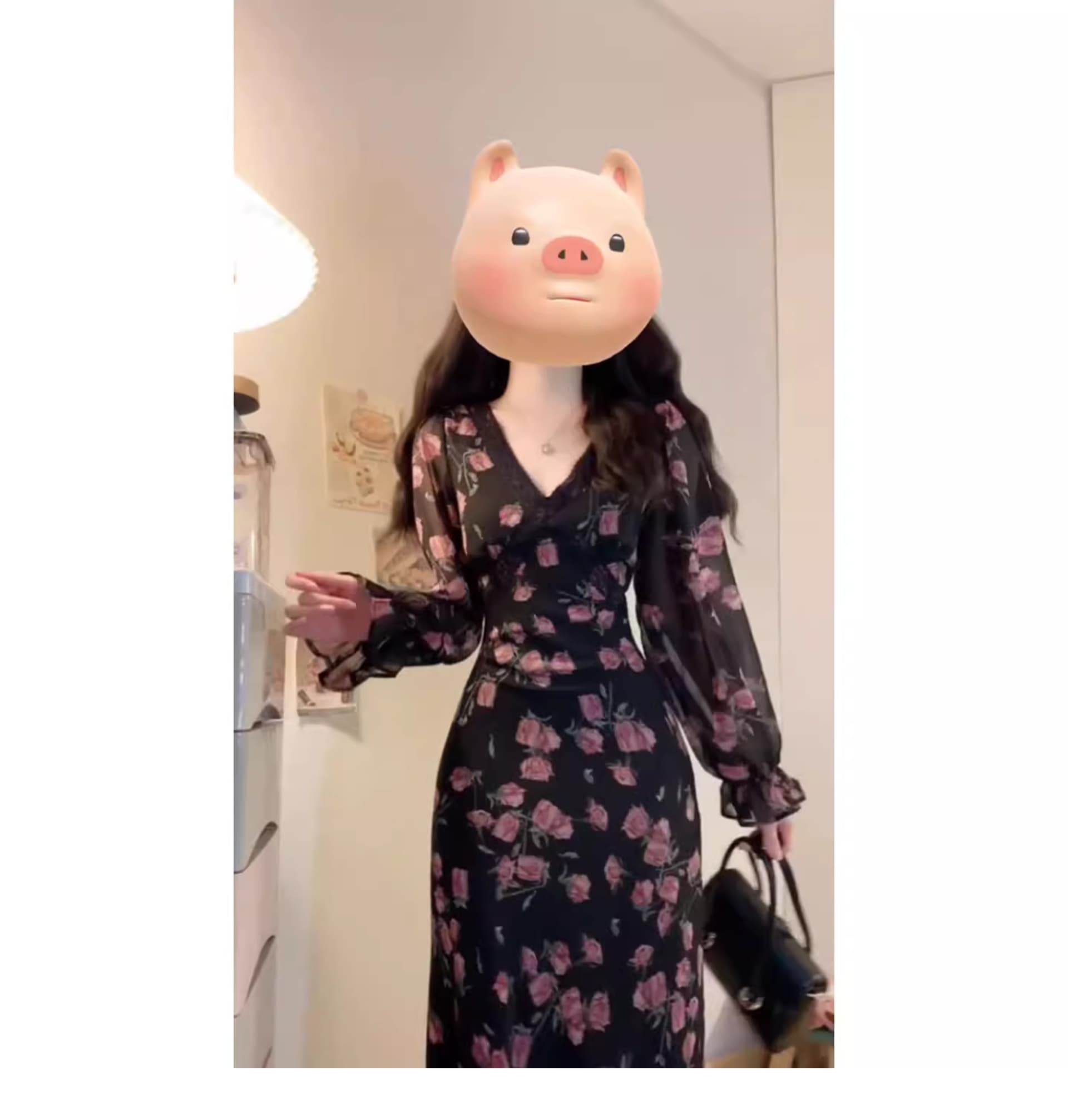 프랑스식 고급 센스 레트로 장미 긴팔 여성 드레스 2026 새로운 슬림해 보이는 허리 수축 V넥 롱 스커트 이미지 3