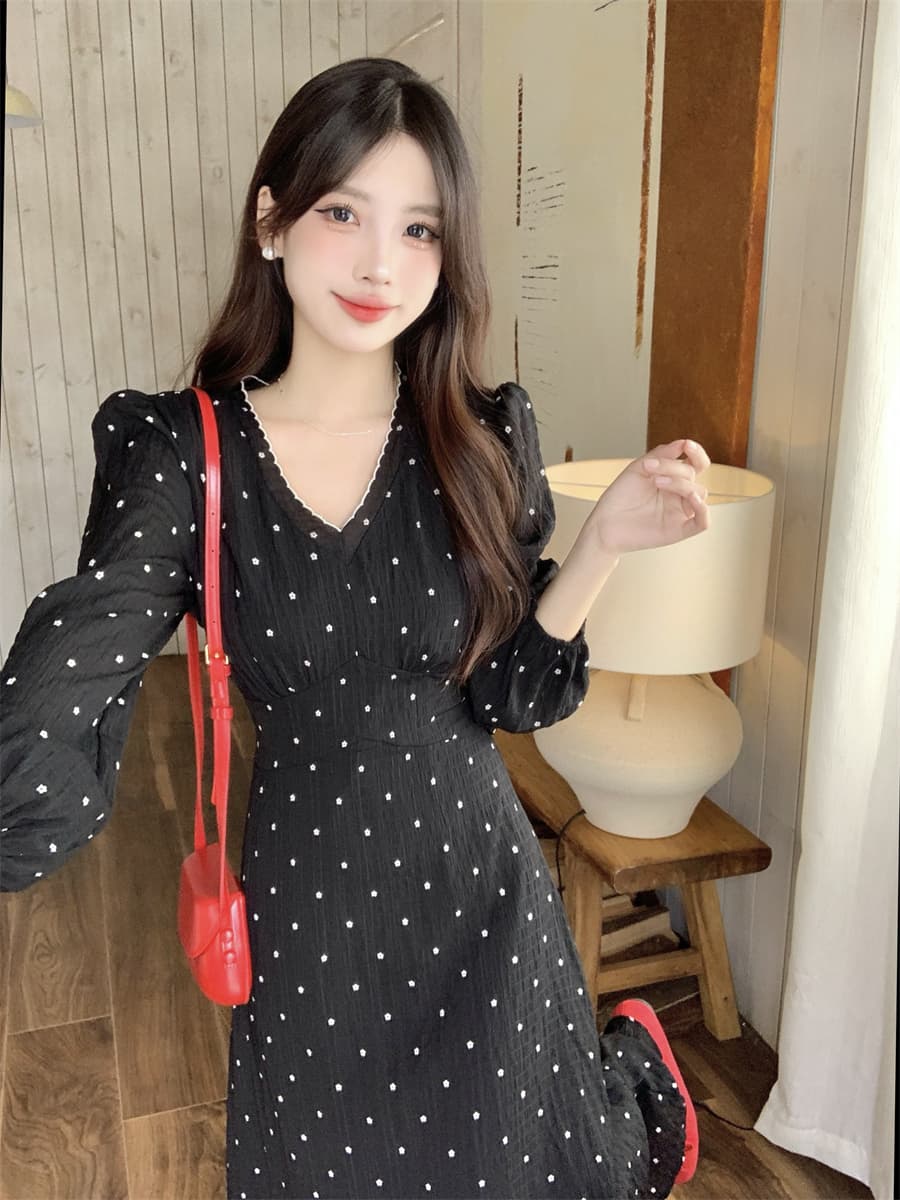 프랑스식 검정색 긴팔 도트 무늬 드레스 아이들 2026 년 새로운 자이언트 잘 생긴 품격 허리 수축 롱 스커트 상세 이미지 10