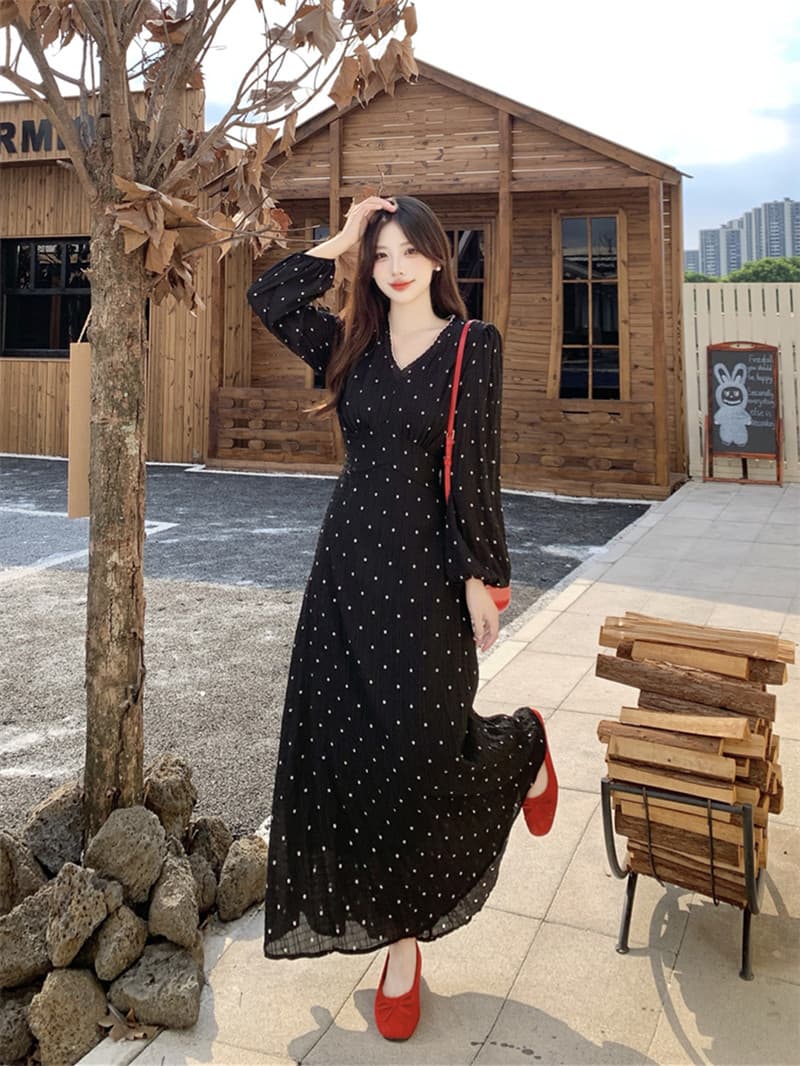 프랑스식 검정색 긴팔 도트 무늬 드레스 아이들 2026 년 새로운 자이언트 잘 생긴 품격 허리 수축 롱 스커트 이미지 5