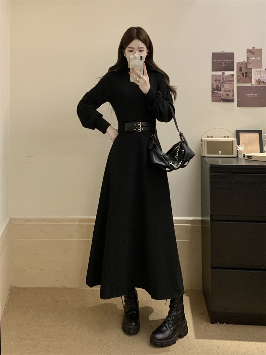 실사 빅 사이즈 여성 의류 페이크 레이어드 여성 가을 겨울 새로운 긴팔 터틀넥 패치워크 슬림해 보이는 허리 수축 만나는 작은 검은 드레스 상세 이미지 3
