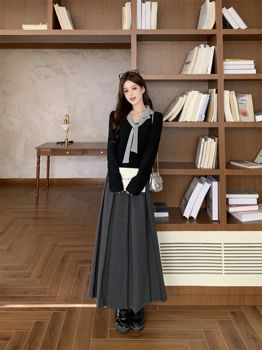 실사 빅 사이즈 여성 의류 지방 mm 페이크 레이어드 폴로 칼라 자수 맨위 플리츠 롱 스커트 투피스 세트 상세 이미지 11