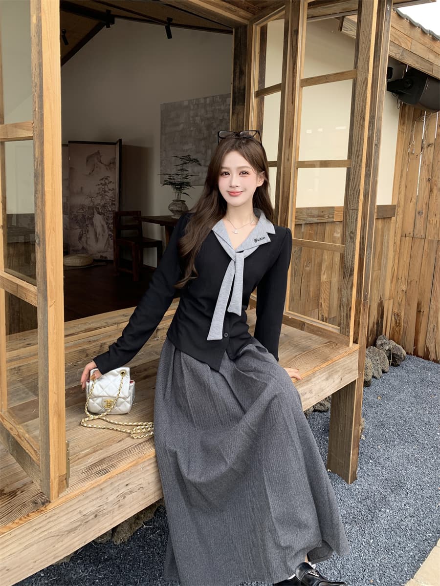 실사 빅 사이즈 여성 의류 지방 mm 페이크 레이어드 폴로 칼라 자수 맨위 플리츠 롱 스커트 투피스 세트 상세 이미지 7