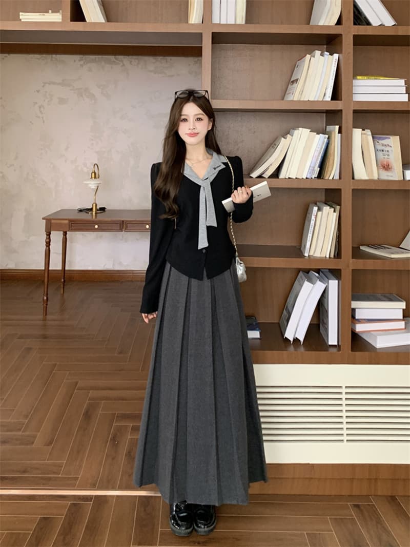 실사 빅 사이즈 여성 의류 지방 mm 페이크 레이어드 폴로 칼라 자수 맨위 플리츠 롱 스커트 투피스 세트 이미지 4