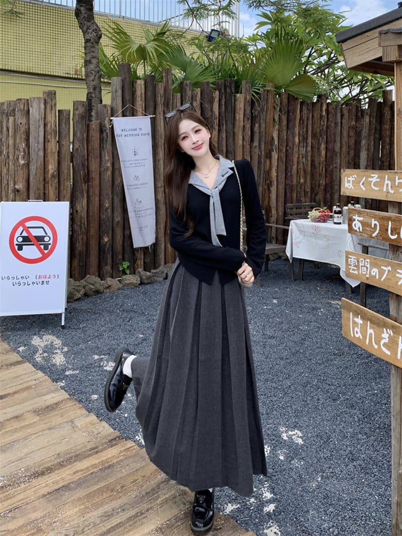 실사 빅 사이즈 여성 의류 지방 mm 페이크 레이어드 폴로 칼라 자수 맨위 플리츠 롱 스커트 투피스 세트