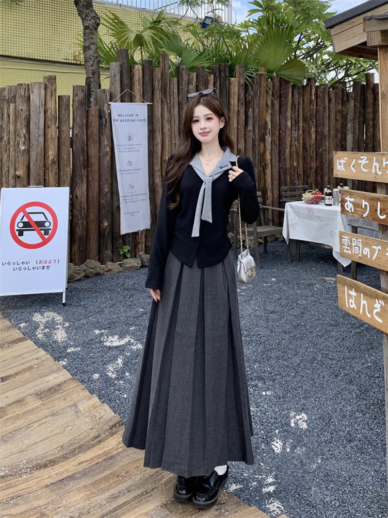 실사 빅 사이즈 여성 의류 지방 mm 페이크 레이어드 폴로 칼라 자수 맨위 플리츠 롱 스커트 투피스 세트 이미지 2