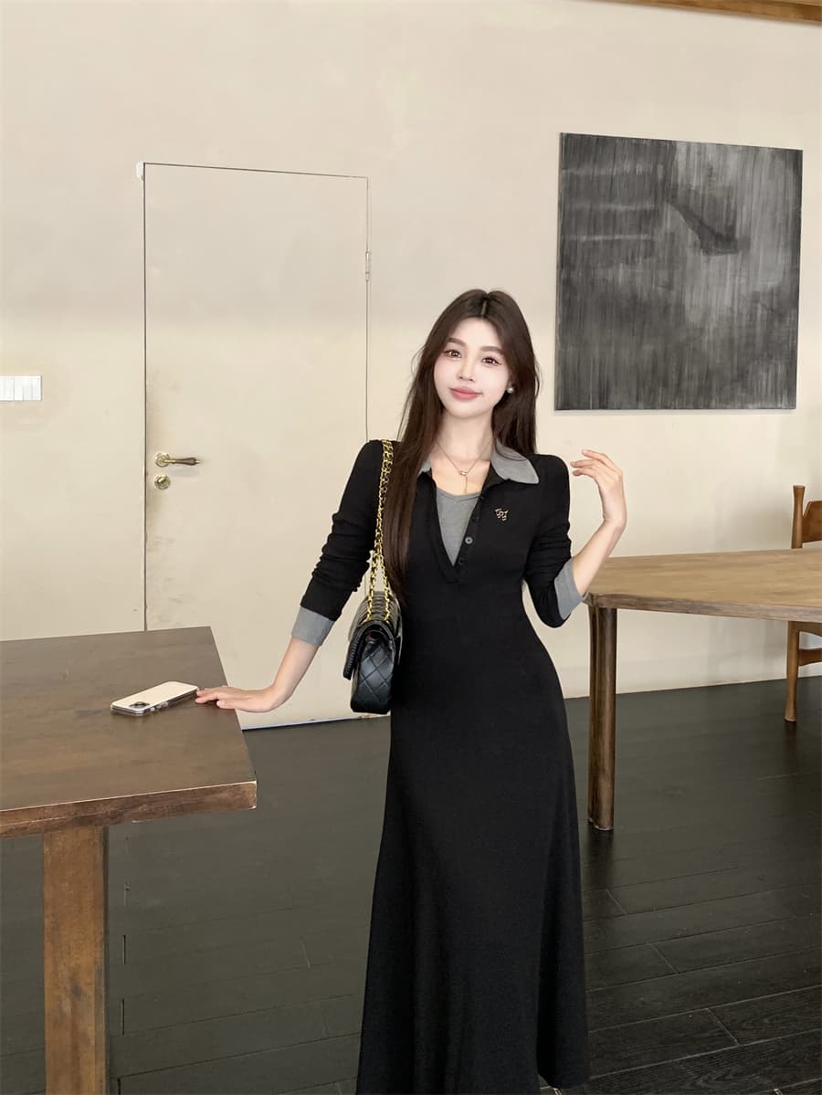 새로운 빅 사이즈 프랑스식 배색 폴로 칼라 긴팔 드레스 2026 가을 겨울 고급 센스 허리 수축 슬림해 보이는 품격 롱 스커트 상세 이미지 9
