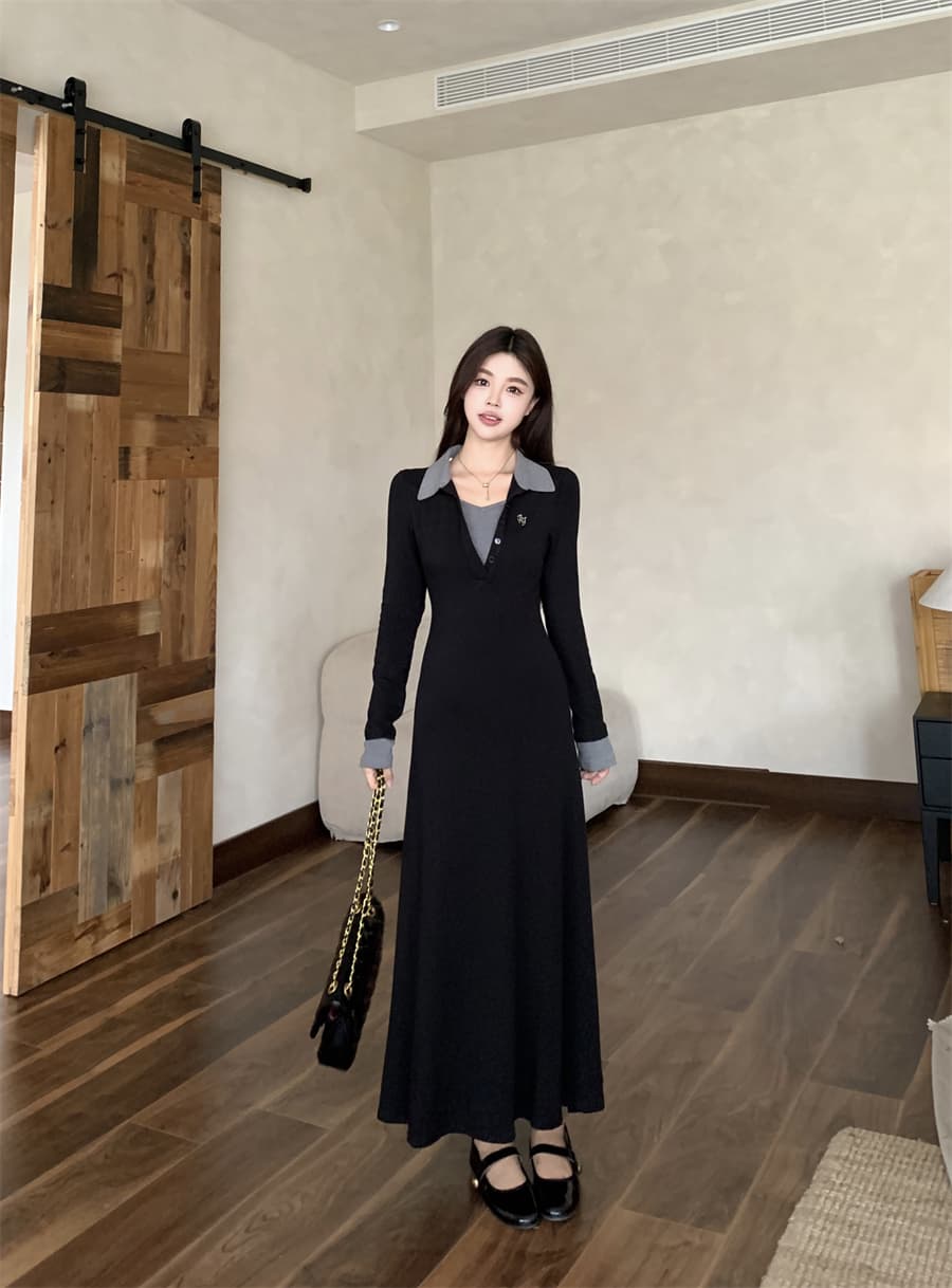 새로운 빅 사이즈 프랑스식 배색 폴로 칼라 긴팔 드레스 2026 가을 겨울 고급 센스 허리 수축 슬림해 보이는 품격 롱 스커트 상세 이미지 17