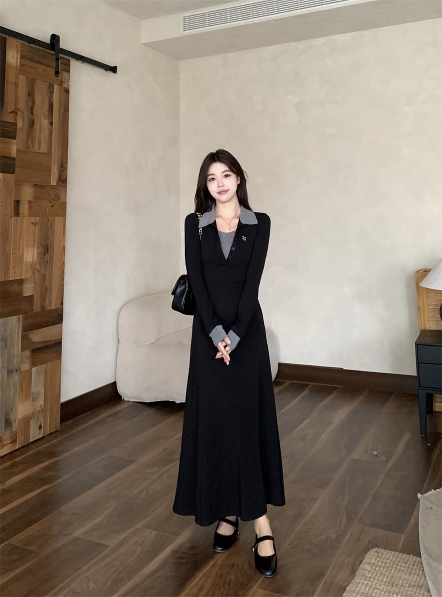 새로운 빅 사이즈 프랑스식 배색 폴로 칼라 긴팔 드레스 2026 가을 겨울 고급 센스 허리 수축 슬림해 보이는 품격 롱 스커트 상세 이미지 7