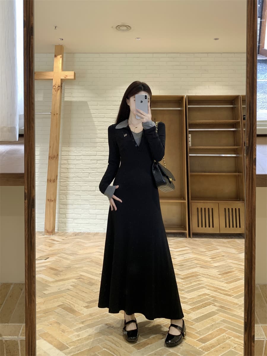 새로운 빅 사이즈 프랑스식 배색 폴로 칼라 긴팔 드레스 2026 가을 겨울 고급 센스 허리 수축 슬림해 보이는 품격 롱 스커트 상세 이미지 19