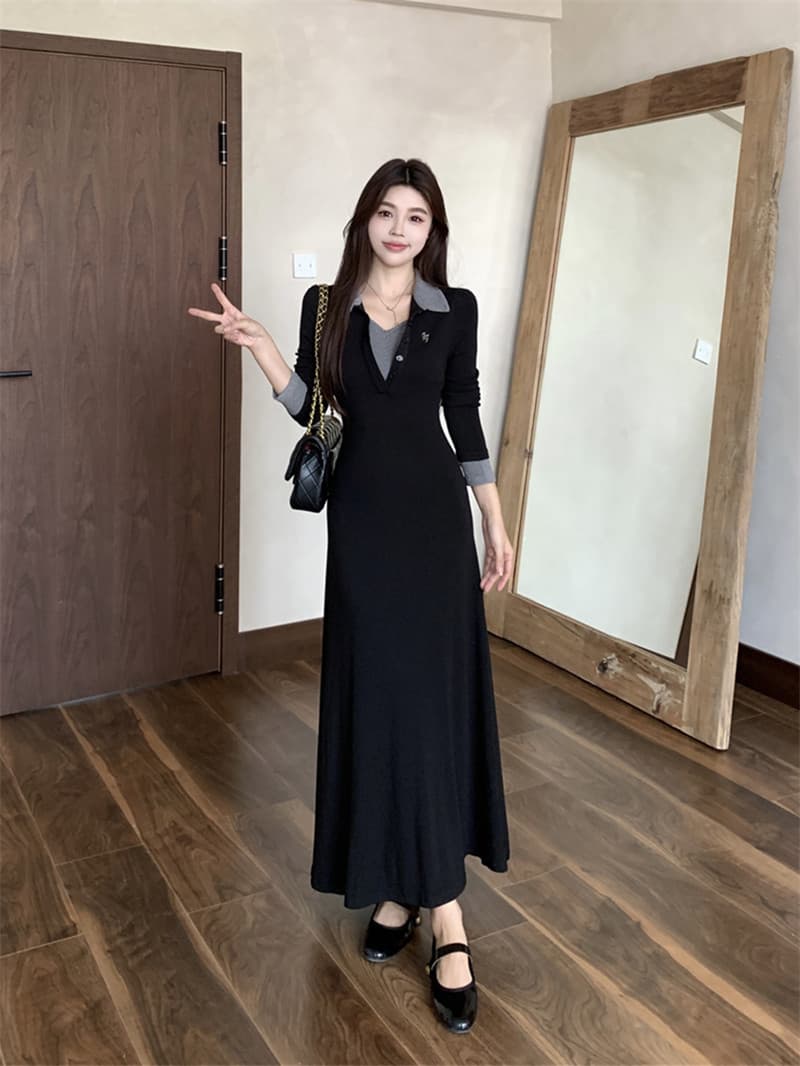 새로운 빅 사이즈 프랑스식 배색 폴로 칼라 긴팔 드레스 2026 가을 겨울 고급 센스 허리 수축 슬림해 보이는 품격 롱 스커트 이미지 3