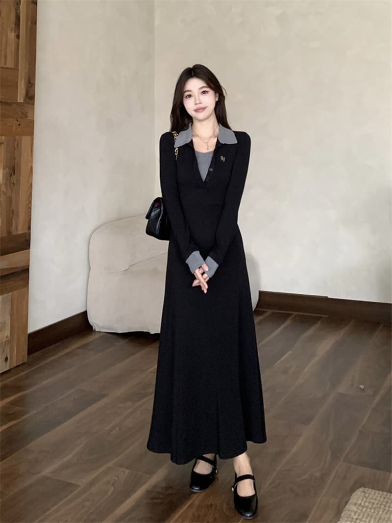 새로운 빅 사이즈 프랑스식 배색 폴로 칼라 긴팔 드레스 2026 가을 겨울 고급 센스 허리 수축 슬림해 보이는 품격 롱 스커트 이미지 5