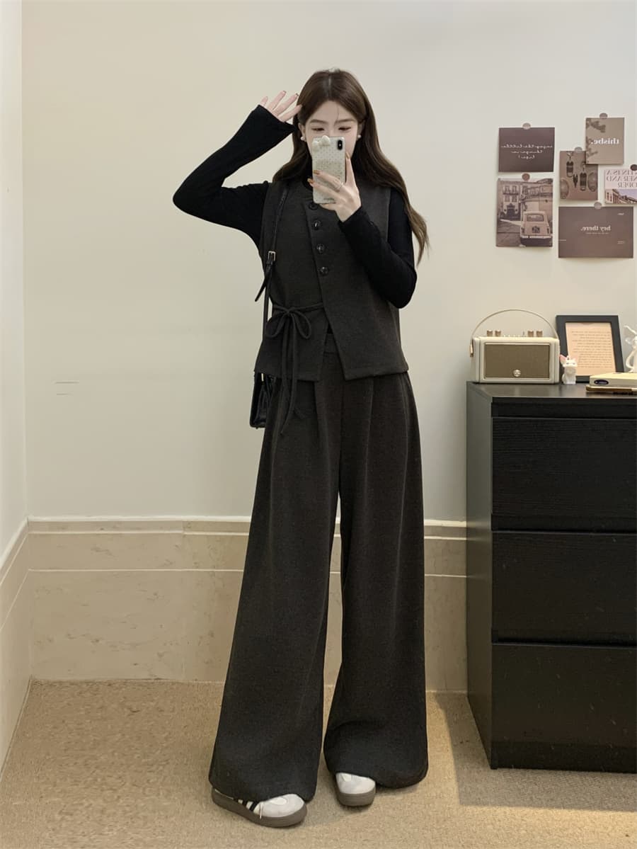 빅 사이즈 여성 의류 지방 mm 새로운 패션 슬림해 보이는 모직 베스트 티셔츠 와이드 레그 팬츠 3종 세트 상세 이미지 5