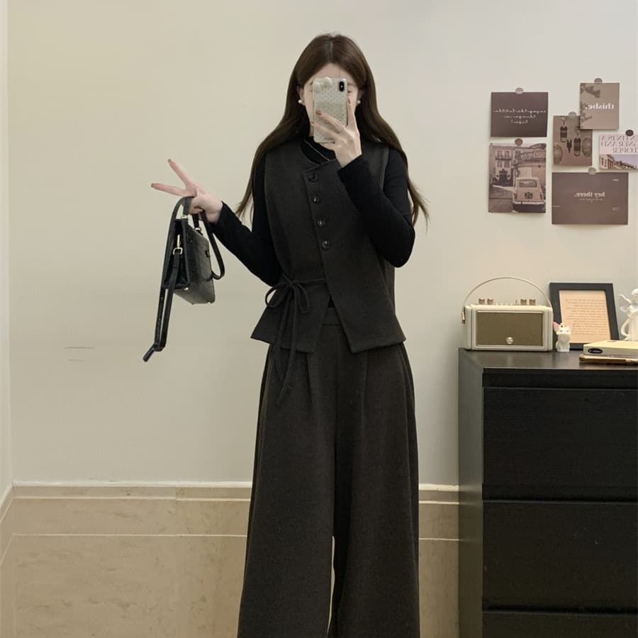 빅 사이즈 여성 의류 지방 mm 새로운 패션 슬림해 보이는 모직 베스트 티셔츠 와이드 레그 팬츠 3종 세트 이미지 5