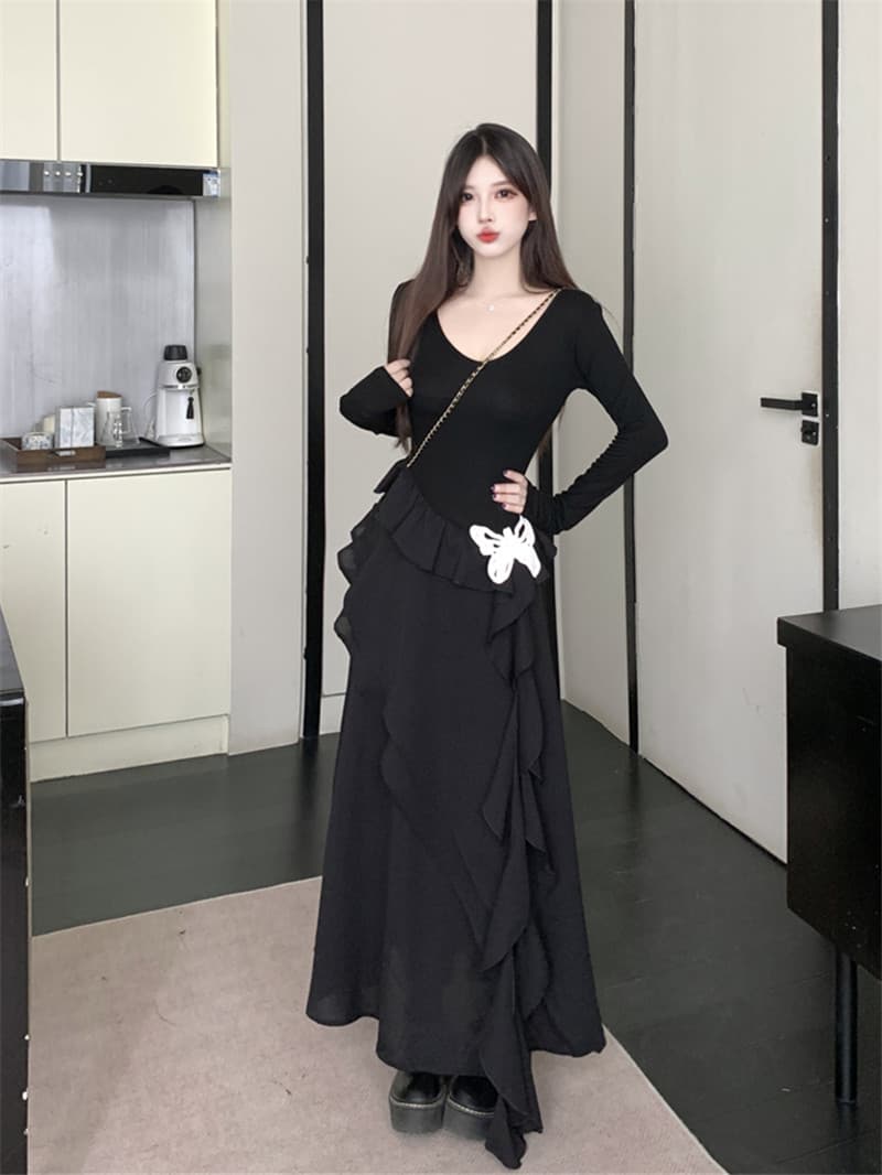 실사 빅 사이즈 마츠모토 애도 애도 나비 치마 작은 검은 드레스 불규칙 치마 단색 긴팔 드레스 허리 수축 슬림해 보이는 이미지 4