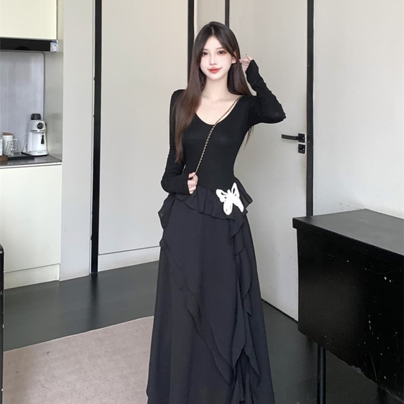 실사 빅 사이즈 마츠모토 애도 애도 나비 치마 작은 검은 드레스 불규칙 치마 단색 긴팔 드레스 허리 수축 슬림해 보이는 이미지 5