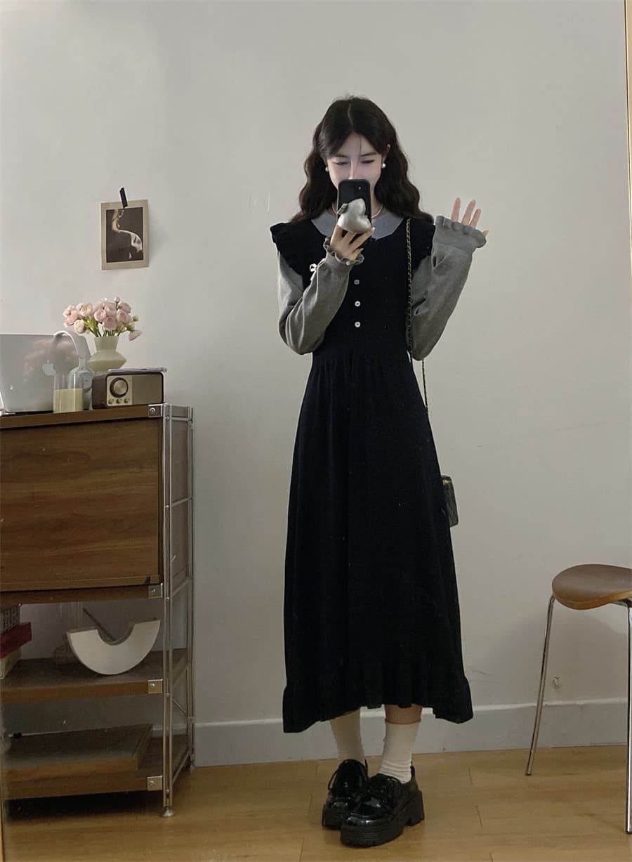 빅 사이즈 프랑스식 페이크 레이어드 패치워크 여성 드레스 2026 새로운 품격 허리 수축 슬림해 보이는 긴팔 만나는 니트 원피스 상세 이미지 5
