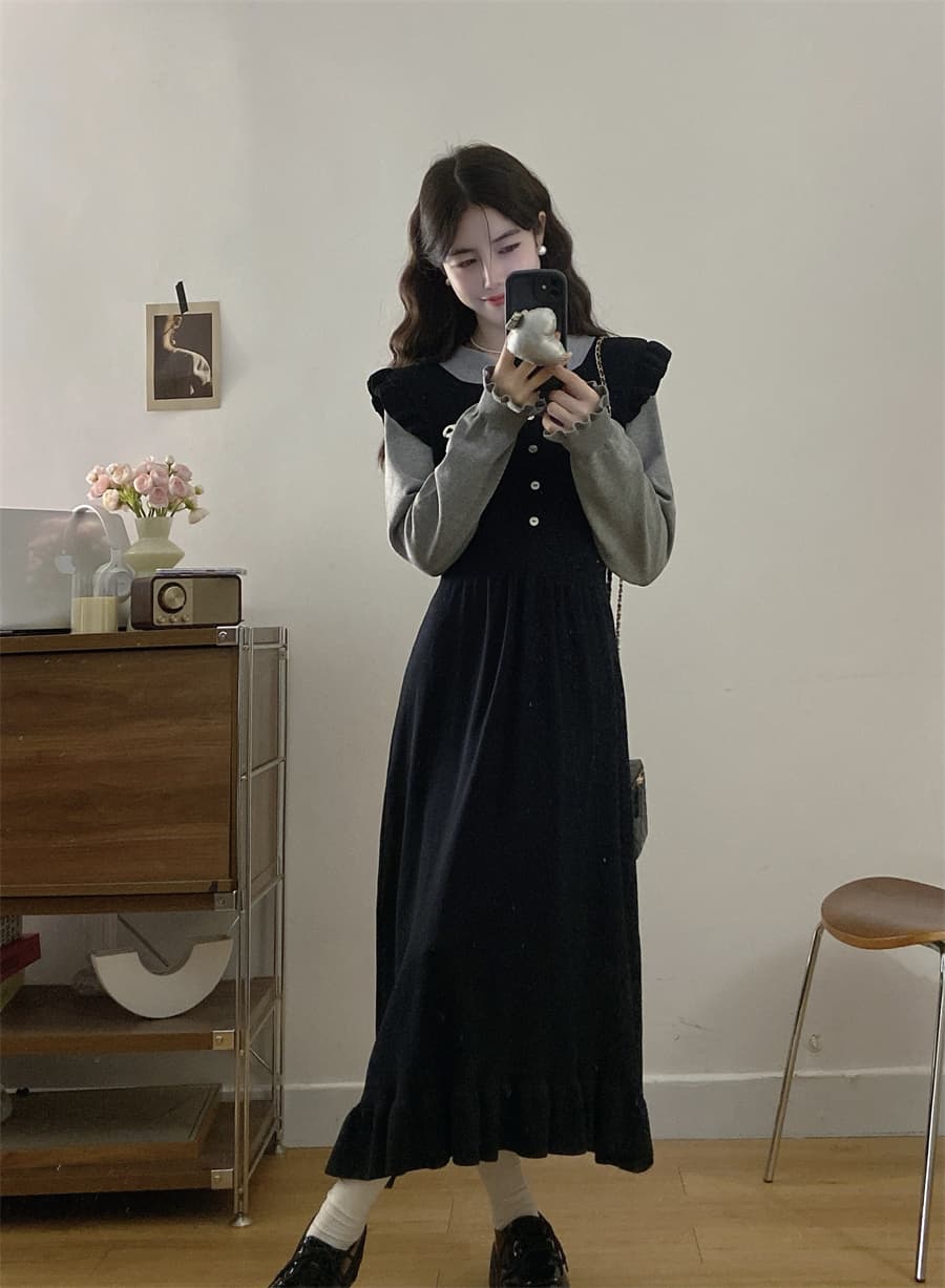빅 사이즈 프랑스식 페이크 레이어드 패치워크 여성 드레스 2026 새로운 품격 허리 수축 슬림해 보이는 긴팔 만나는 니트 원피스 상세 이미지 8