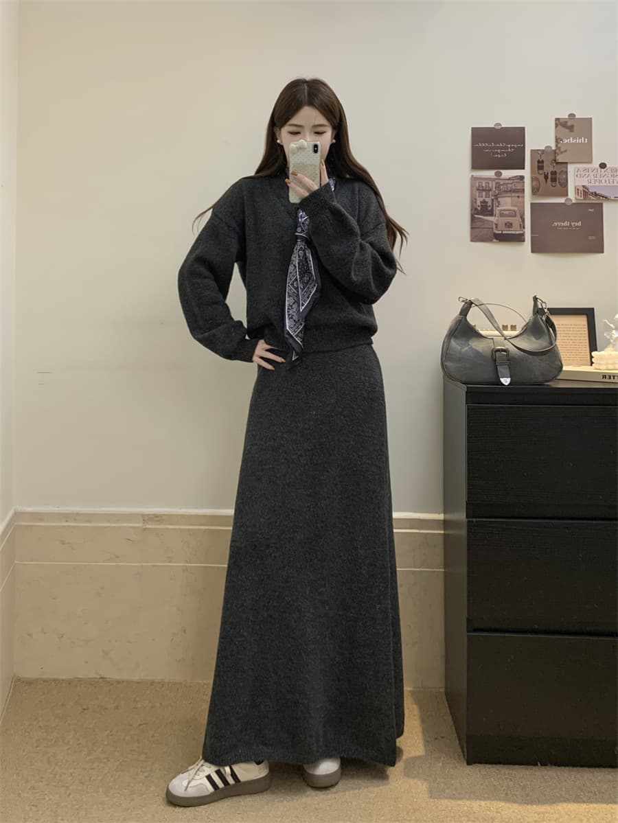 실사 빅 사이즈 슬림해 보이는 레트로 가을 겨울 롱 코트 캐주얼 미니멀리즘 바람 니트 스웨터 롱 스커트 패션 세트 상세 이미지 14
