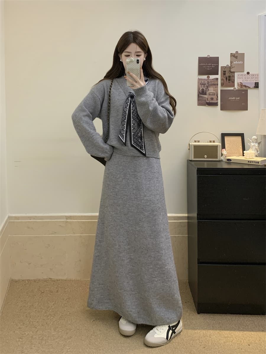 실사 빅 사이즈 슬림해 보이는 레트로 가을 겨울 롱 코트 캐주얼 미니멀리즘 바람 니트 스웨터 롱 스커트 패션 세트 이미지 3