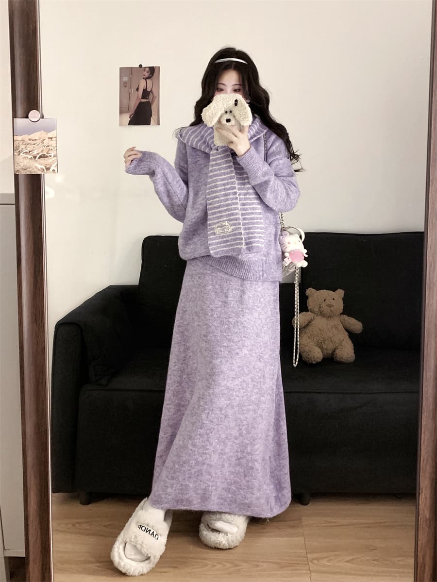 실사 가을 겨울 새로운 빅 사이즈 여성 의류 모자 포함 스트라이프 작은 숄 맨위 스웨터 니트 반신 스커트 투피스 세트 상세 이미지 41