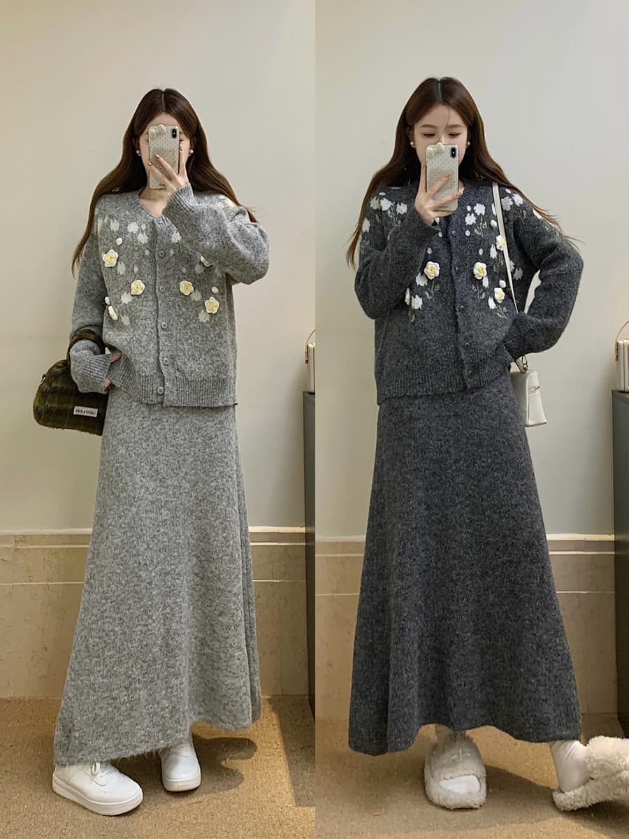 실사 빅 사이즈 3 차원 꽃 따뜻한 부드럽다 찹쌀 니트 오픈 가디건 니트 반신 스커트 새로운 레트로 스웨터 세트 이미지 2