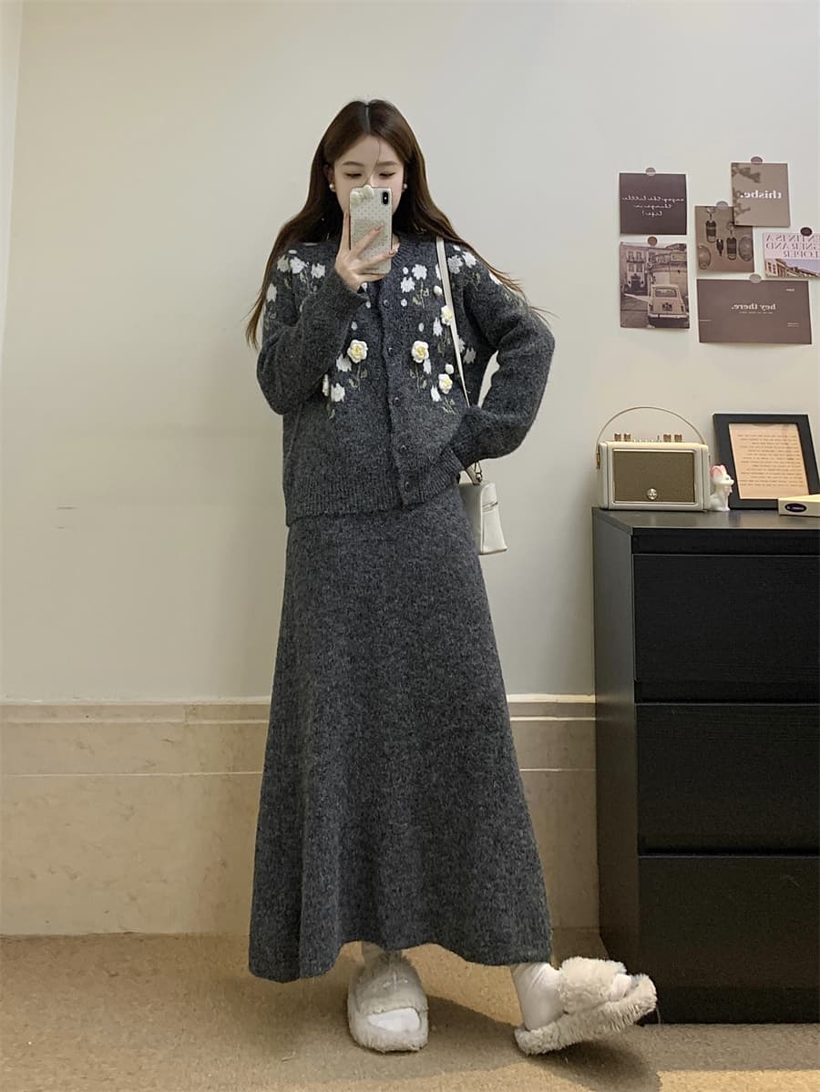 실사 빅 사이즈 3 차원 꽃 따뜻한 부드럽다 찹쌀 니트 오픈 가디건 니트 반신 스커트 새로운 레트로 스웨터 세트 상세 이미지 3