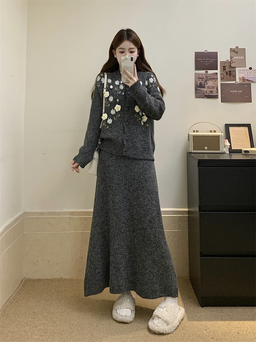실사 빅 사이즈 3 차원 꽃 따뜻한 부드럽다 찹쌀 니트 오픈 가디건 니트 반신 스커트 새로운 레트로 스웨터 세트 상세 이미지 8