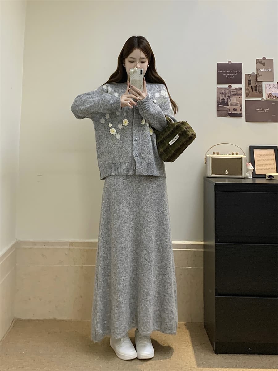 실사 빅 사이즈 3 차원 꽃 따뜻한 부드럽다 찹쌀 니트 오픈 가디건 니트 반신 스커트 새로운 레트로 스웨터 세트 상세 이미지 19