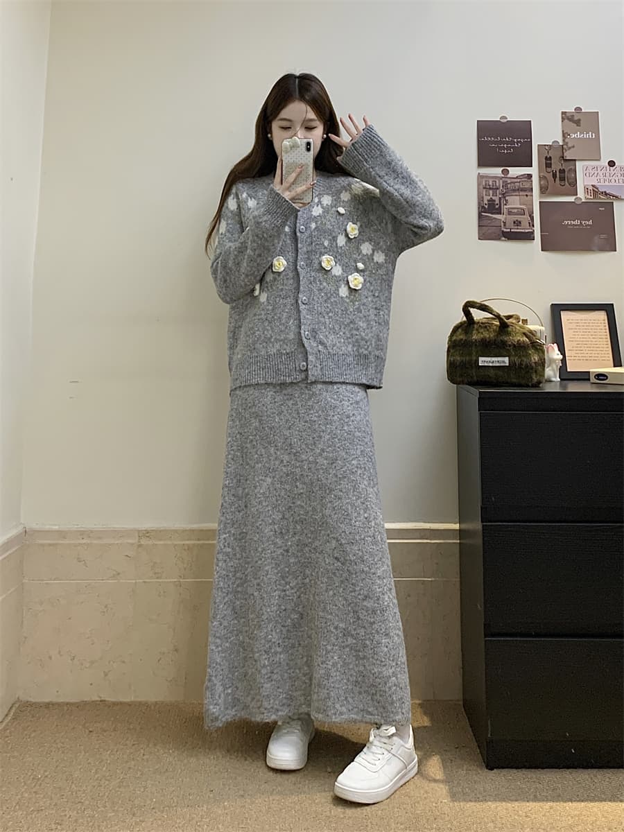 실사 빅 사이즈 3 차원 꽃 따뜻한 부드럽다 찹쌀 니트 오픈 가디건 니트 반신 스커트 새로운 레트로 스웨터 세트 상세 이미지 20